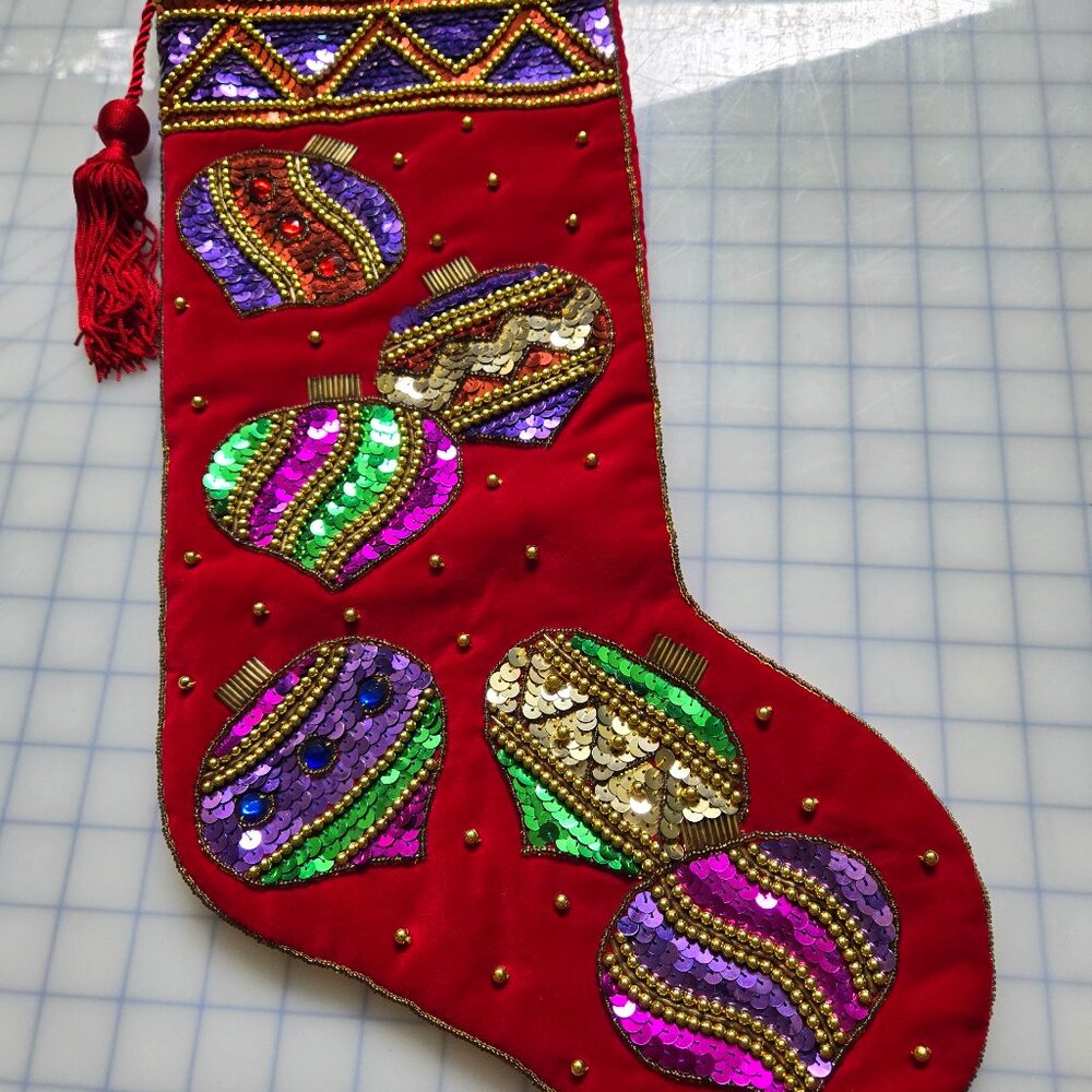 Sequined Christmas Stocking with Tassel, Ornaments